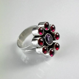 Bague indienne argent grenats et amethyste