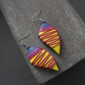 Indian wooden fancy earrings yellow and pink