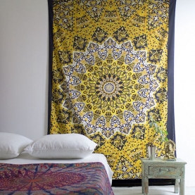 Indian cotton wall hanging Mandala black and yellow