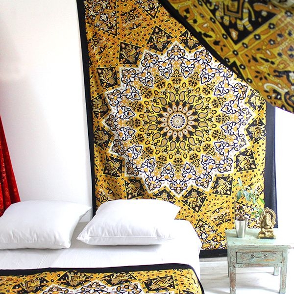 Indian cotton wall hanging Mandala black and yellow