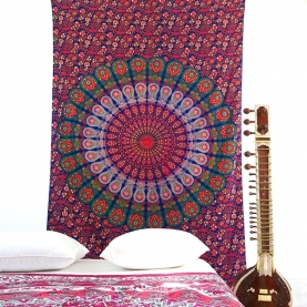 Indian cotton wall hanging Mandala dark blue and green