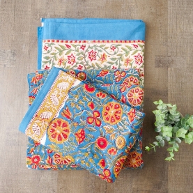 Drap de lit indien avec taies d'oreiller bleu et rouge