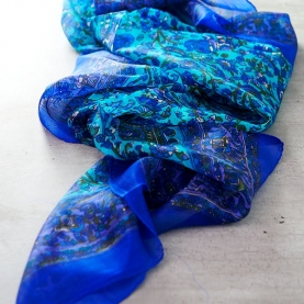 Indian silk scarf square blue and cyan