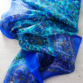 Indian silk scarf square blue and cyan