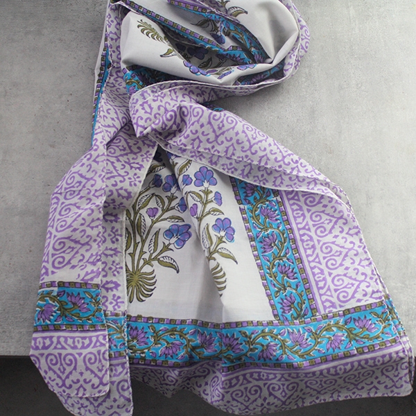 Indian printed cotton stole Dupatta white and purple