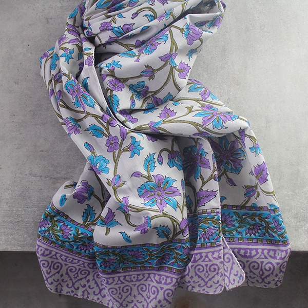 Indian printed cotton stole Dupatta white and purple