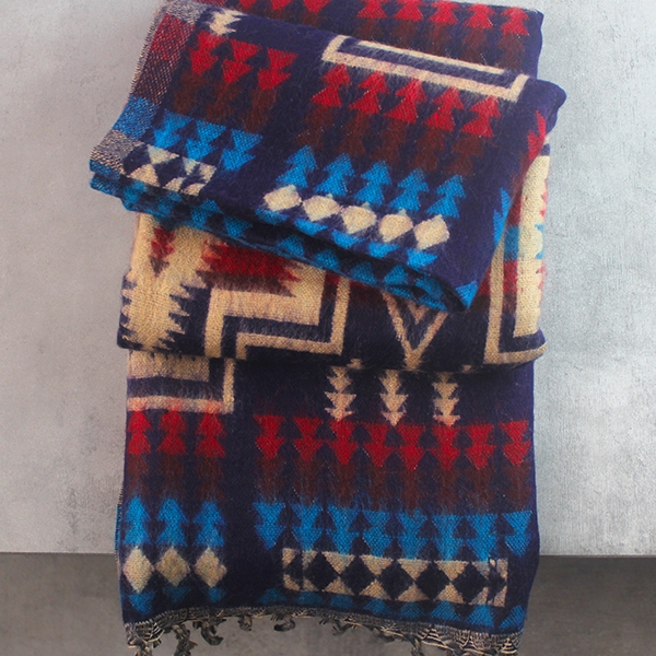 Nepalese woolen shawl traditional blue and beige