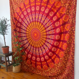 Indian cotton wall hanging Mandala maroon and yellow