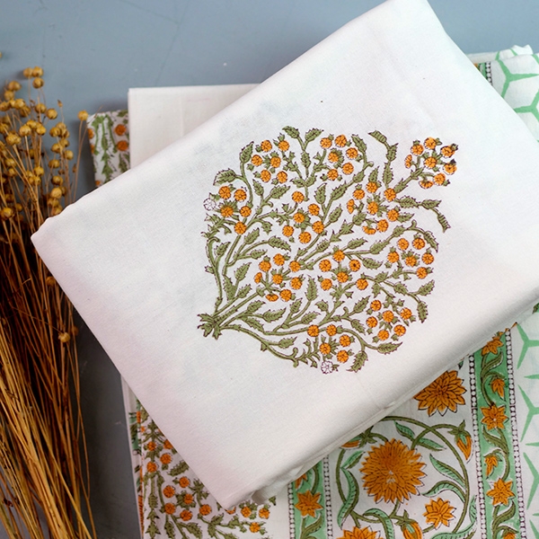 Nappe indienne coton imprimée verte et orange