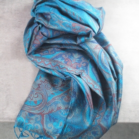 Indian cotton scarf mangoes design blue and ocher