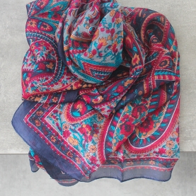 Foulard indien en soie marine et rose