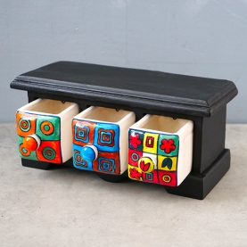 Indian handcrated wooden box with 3 drawers ceramic