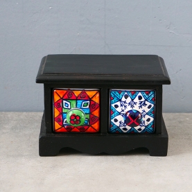 Indian handcrafted wooden box with 2 drawers ceramic