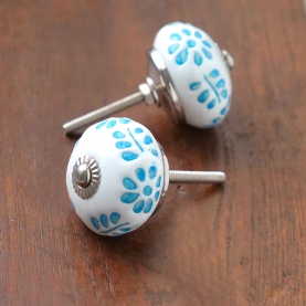 Indian ceramic door or drawer knob white and blue