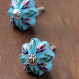 Indian ceramic door or drawer knob flower blue