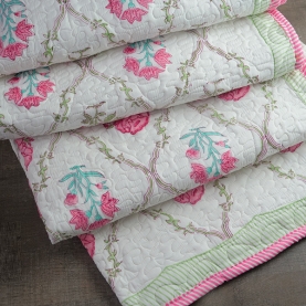 Indian traditional cotton quilt Rajai pink and green