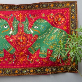 Tissu mural indien brodé en coton Eléphants