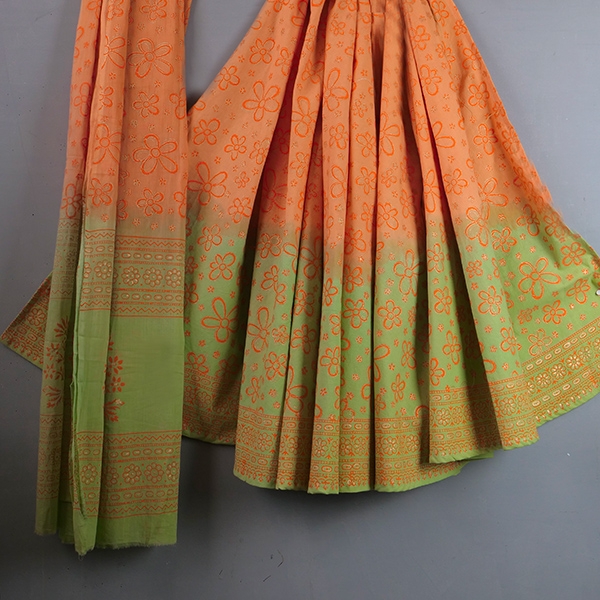 Indian cotton skirt Sanganeri print green and orange