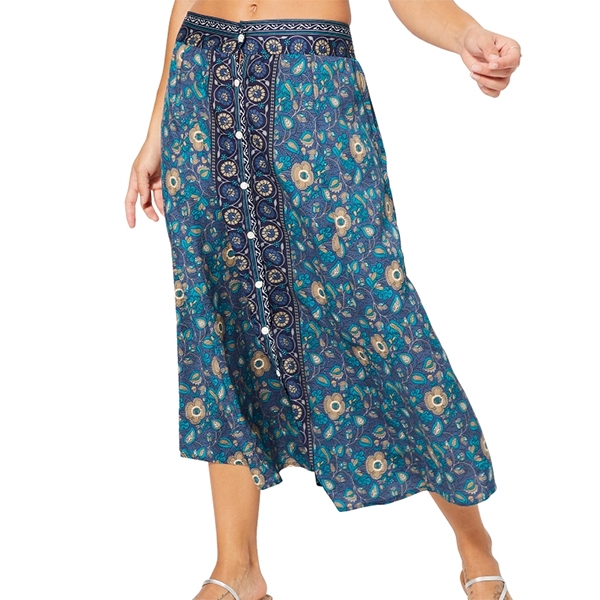 Indian printed flared skirt Flowers navy blue