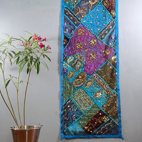 Tissu mural indien artisanal Patchwork bleu