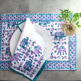 Indian printed cotton table mats + napkins x6 green