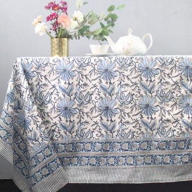 Nappe indienne coton imprimée blanche et bleue