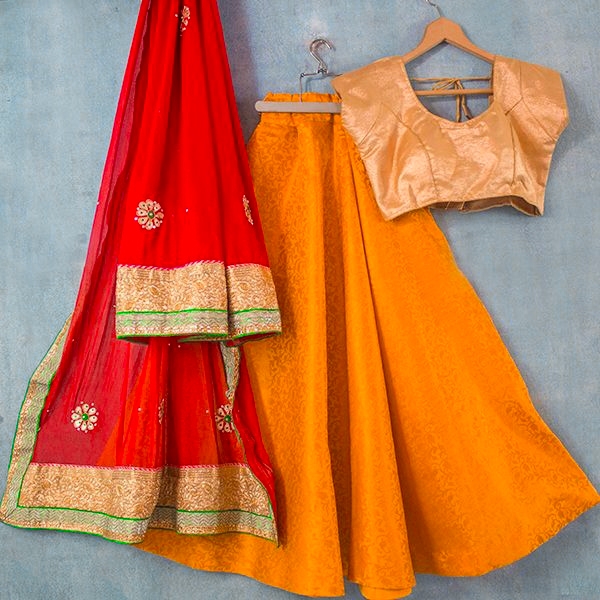 Jupe indienne Lehenga complet rouge et orange