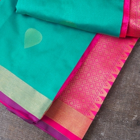 Saree indien complet satiné vert et rose