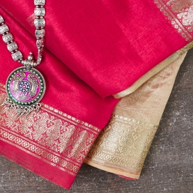 Indian saree art silk red and offwhite