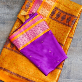 Saree indien complet satiné violet et ocre