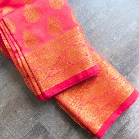 Saree indien complet coton rouge rosé