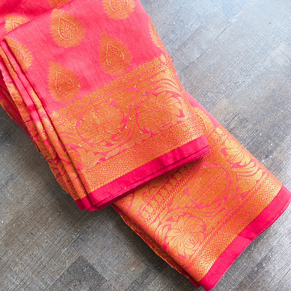 Saree indien complet coton rouge rosé