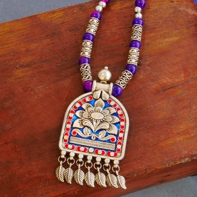 Indian ethnic metal and cotton necklace purple