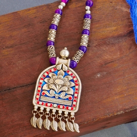 Indian ethnic metal and cotton necklace