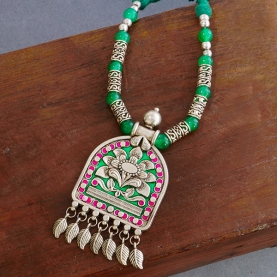 Indian ethnic metal and cotton necklace green