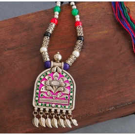 Indian ethnic metal and cotton necklace colorful