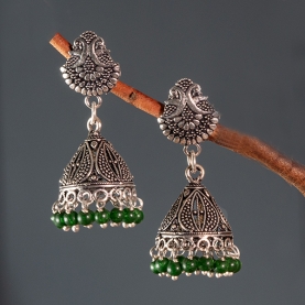 Indian long metal earrings Jhumki green