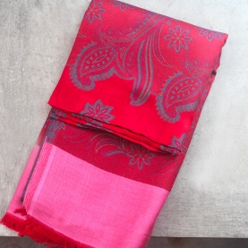 Echarpe indienne en coton tissé Jamawar rouge et rose