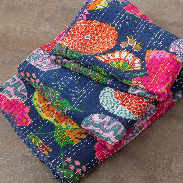 Indian handcrafted cotton bed cover Kantha dark blue