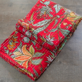 Dessus de lit indien Kantha artisanal imprimé rouge