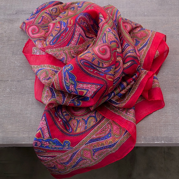 Foulard indien en soie carré rouge et bleu