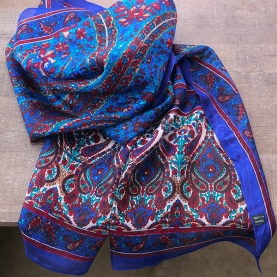 Foulard indien en soie chic bleu et rouge