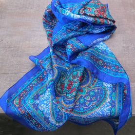 Indian silk scarf printed blue and cyan