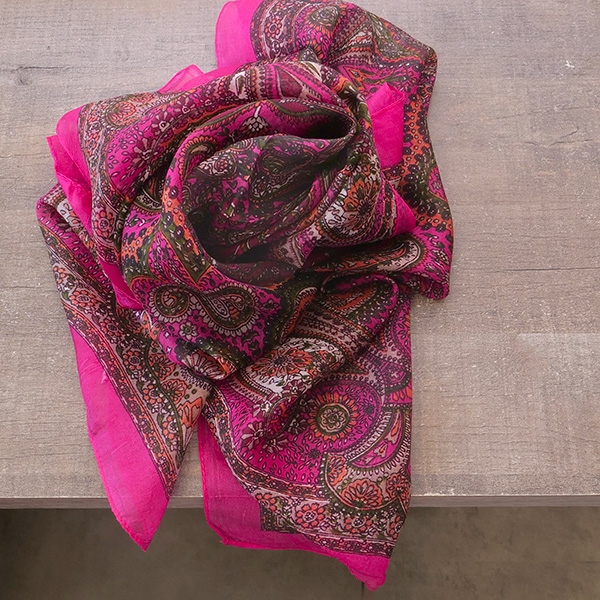 Foulard indien en soie chic rose et vert