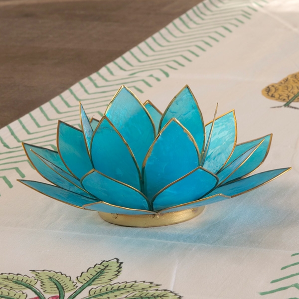 Indian lotus nacre candle stand blue and gold