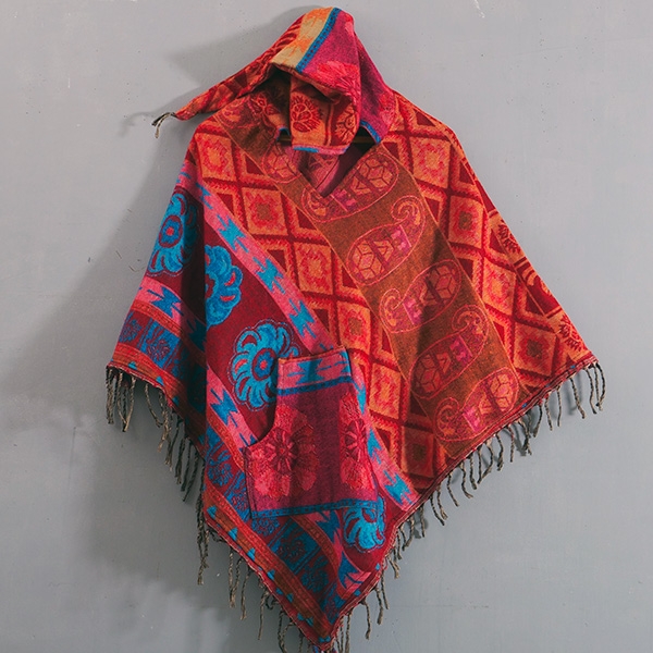 Poncho en laine népalais original rouge et bleu