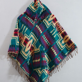 Poncho en laine népalais original bleu et rouge