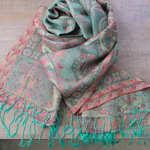 Indian cotton scarf mangoes design green and pink