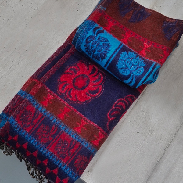 Nepalese woolen shawl traditional red and blue