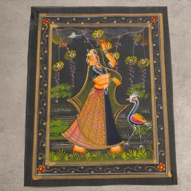 Indian miniature painting woman and peacock black